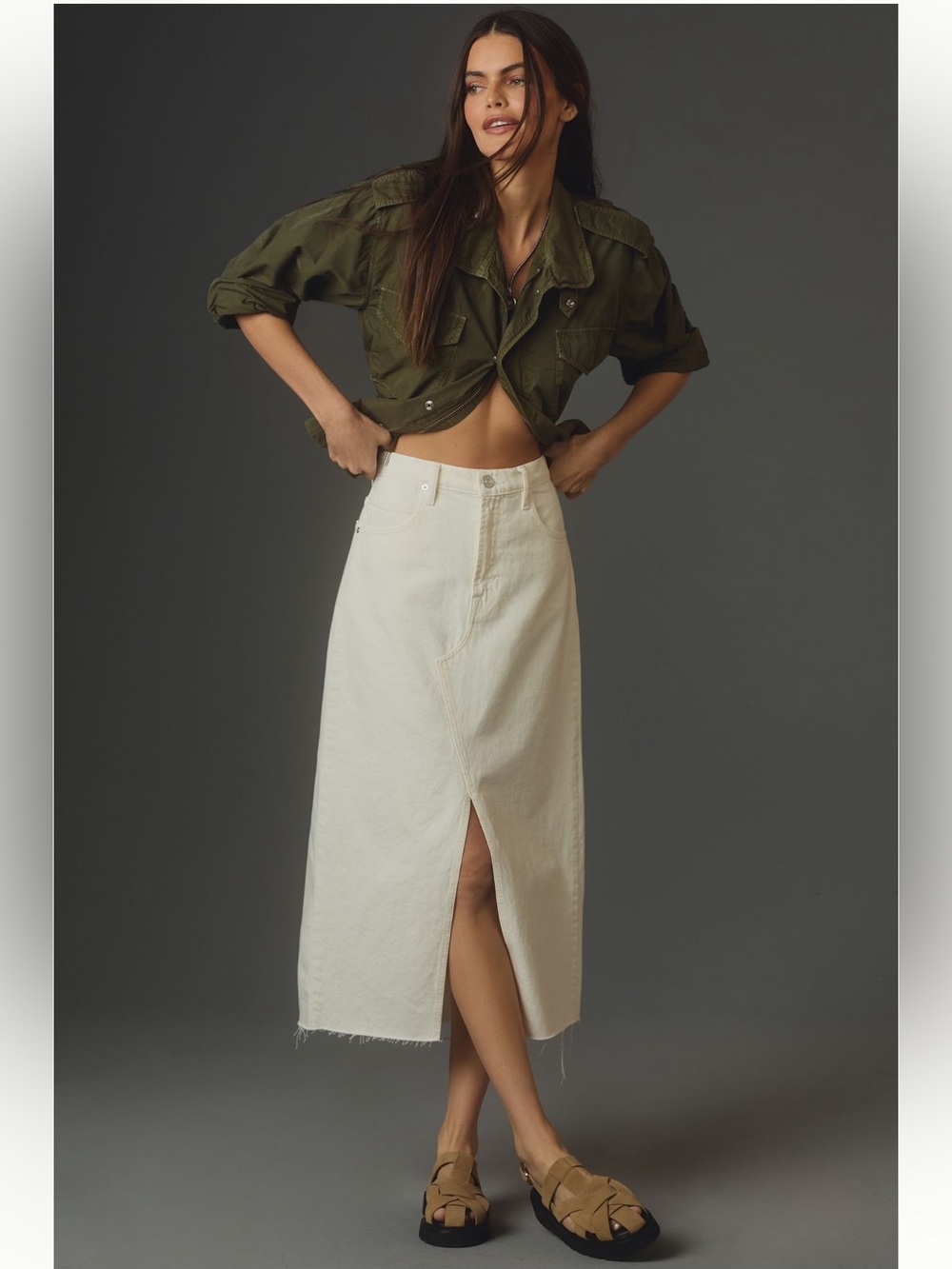 FRAME The Midaxi Raw-Hem Denim Midi Skirt White